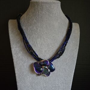 Chicos Vintage Brilliant Blue Floral & Bead Necklace. 15 -19 Inches.